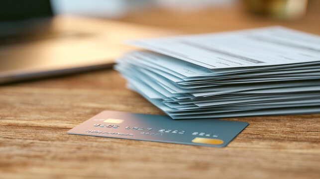 Payment card with stack of paper invoices on wooden table