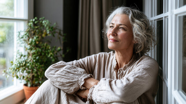 Thoughtful mature woman relaxing by window at home