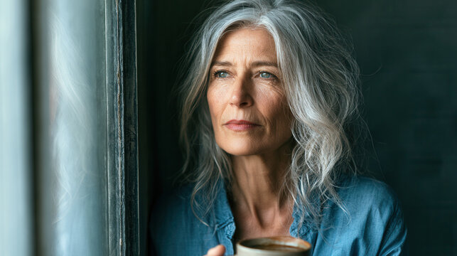 Thoughtful mature woman with coffee looking through window