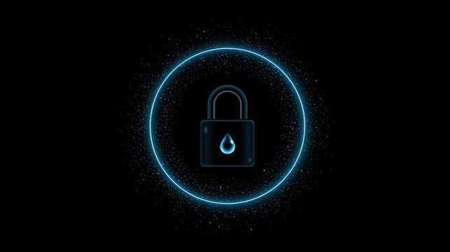 Water security concept with digital lock and glowing blue shield