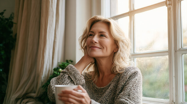 Relaxed mature woman enjoying coffee in morning sunlight
