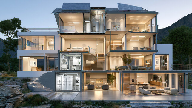 Luxury smart home cutaway with solar panels and battery storage