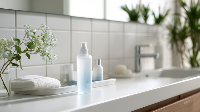 Minimal cosmetic spray bottle on bright bathroom countertop