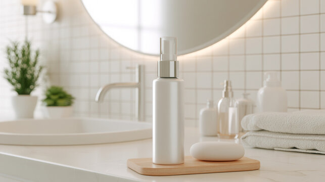 Minimal skincare pump bottle on modern bathroom vanity