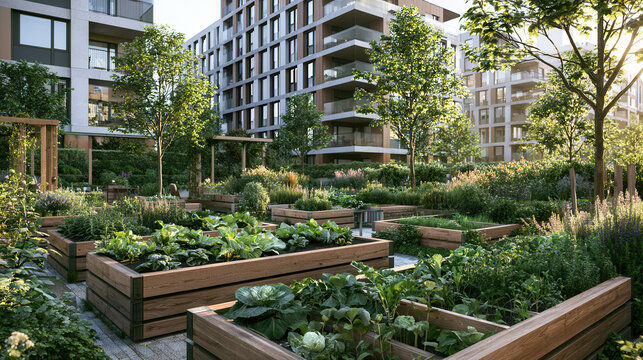 Community vegetable garden in modern residential apartment complex