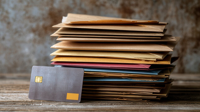 Credit card with stack of envelopes for recurring bill payments
