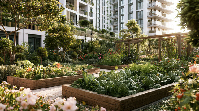 Urban community garden with raised beds in residential courtyard