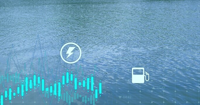 Rippling water surface displaying cyan bar chart with floating lightning bolt and fuel pump icon
