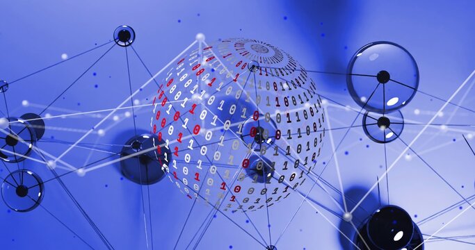 Translucent sphere holding binary digits, white lines linking black nodes on backdrop, copy space