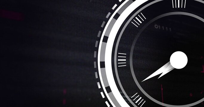 Partial circular gauge with white pointer and tick marks resting on dark textured field, copy space