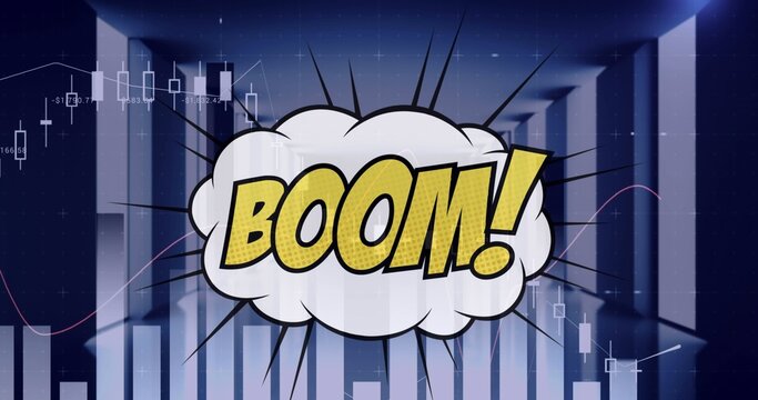 BOOM burst floating over dark blue candlestick charts and line graphs with radiating lines
