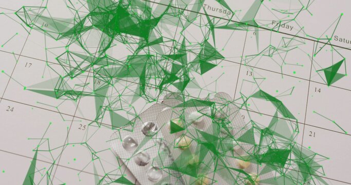 Green network lines connecting nodes over pale calendar grid showing date and weekday labels