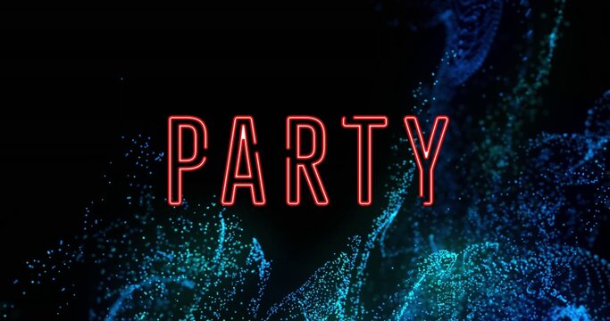 Red outlined word PARTY standing on dark backdrop with blue trails swirling below, copy space