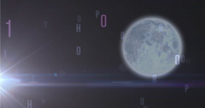 Sphere glowing while lens flare streaks across backdrop with floating letters and numbers