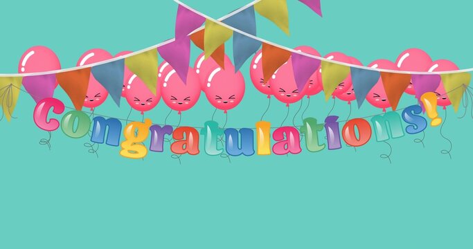 Block lettering spelling congratulations floating under pennant flags and pink balloons, copy space