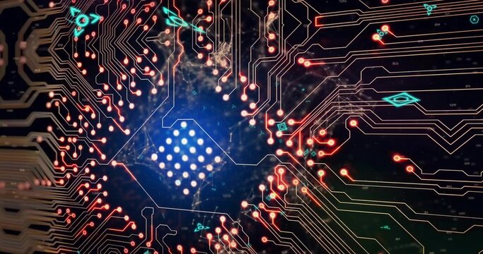 Glowing orange-red circuit traces radiating across dark surface toward bright blue dotted grid