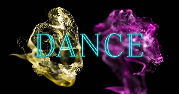 Cyan outlined DANCE above black backdrop as gold-yellow and magenta-purple clouds swirling apart