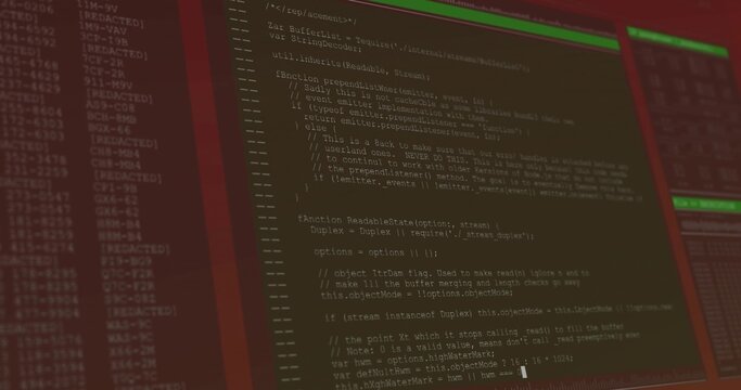 Three monitors displaying code in dark workspace with central screen showing JavaScript functions
