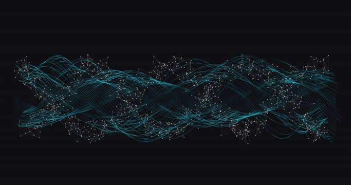 Flowing cyan lines forming waves across dark backdrop with white nodes, copy space
