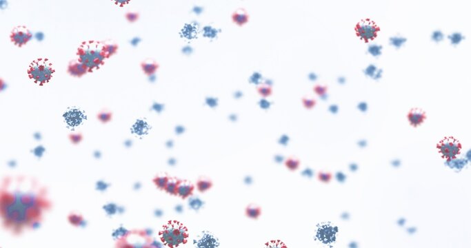Red spiked particles floating among blue-gray dotted clusters on pale white field, copy space