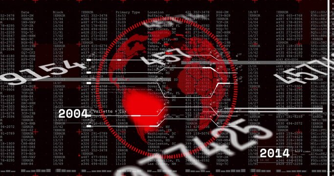 Digital interface showing global map, red globe, data lines, years 2004 and 2014 on black screen