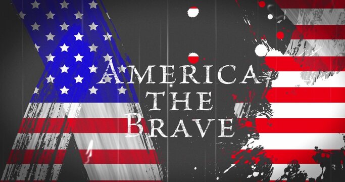Weathered red and white flag stripes framing white capitals spelling patriotic words on dark field