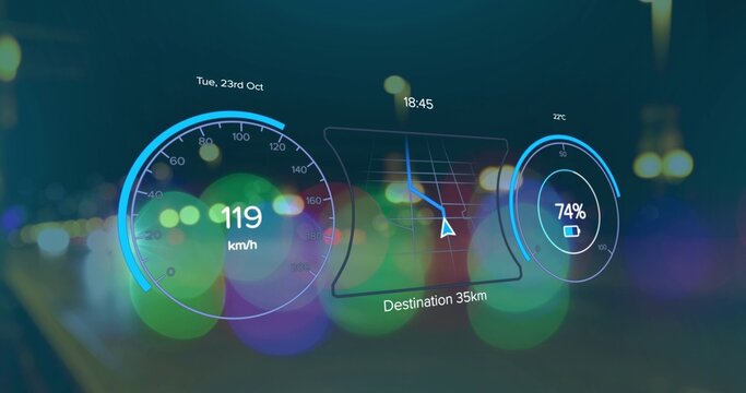 Digital dashboard floating over blurred night lights showing speedometer map battery gauge