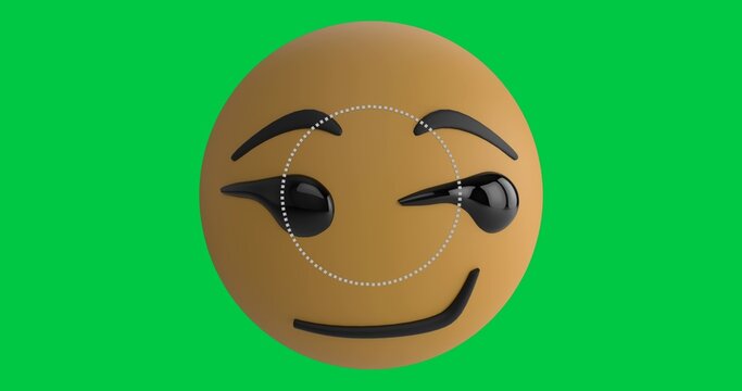 Brown face featuring raised eyebrows and glossy eyes glancing sideways with dotted outline on green