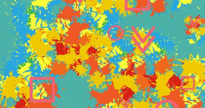 Yellow, orange and red splatters covering cyan field with pink square, circle, chevron outlines