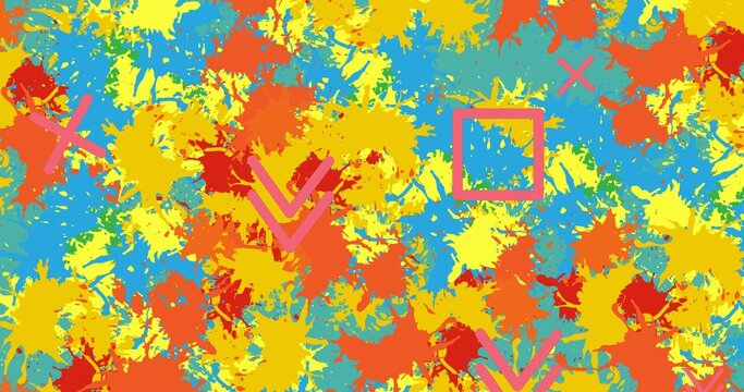 Blue, yellow, orange and red paint splatters covering blue ground with pink X and square symbols