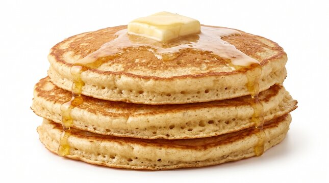 Stack of fresh hot pancakes with melting butter and sweet syrup