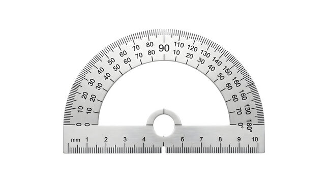 A precision stainless steel protractor isolated on transparent background, featuring clear black degree markings for accurate geometry and technical drafting
