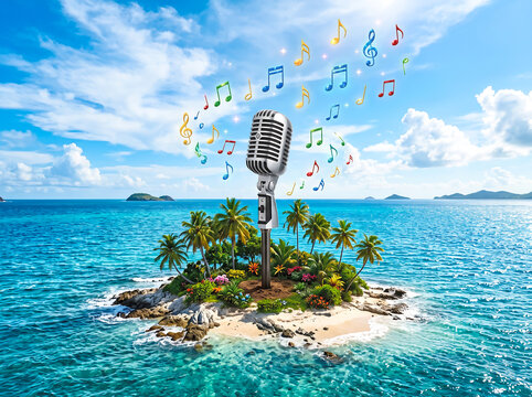 A silver vintage dynamic studio microphone on a tropical desert island in the middle of the ocean with palm trees. Flying musical notes in the blue sky.