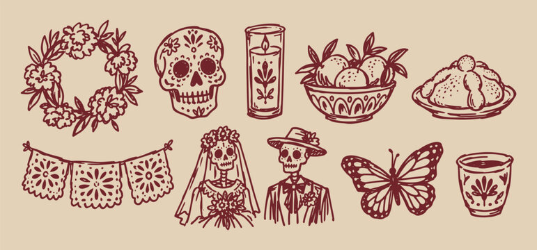 Dia de los Muertos and Day of the Dead elements collection. Hand drawn vintage Mexican holiday sketches, line art style