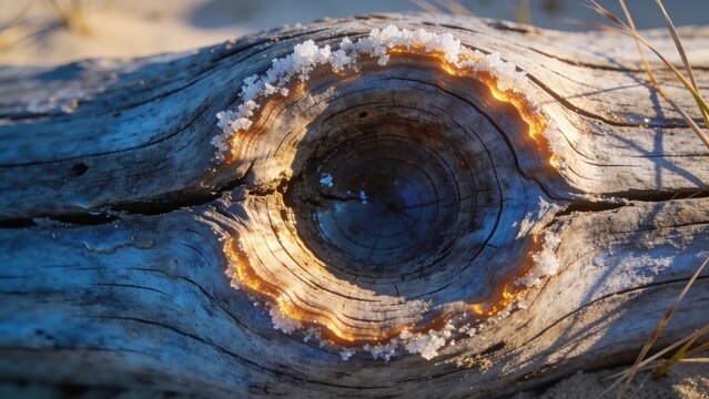Driftwood log holding water in knot hole while frost crystals glint near dune grass, AI-generated
