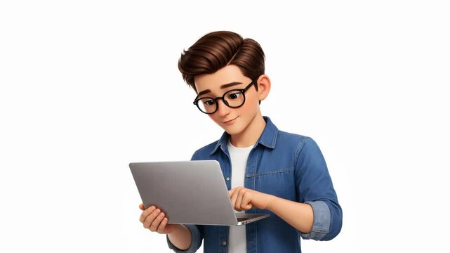 Smiling young man typing on portable computer while standing against isolated white backdrop