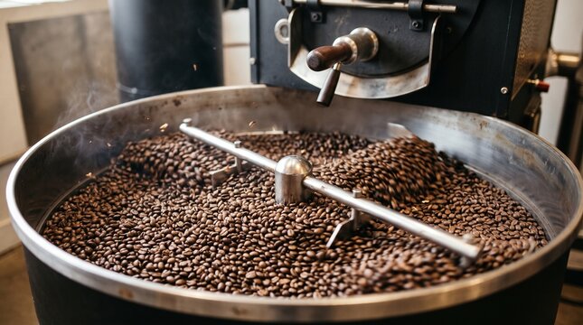 Fresh roasted coffee beans cooling in a metal machine tray at a roastery