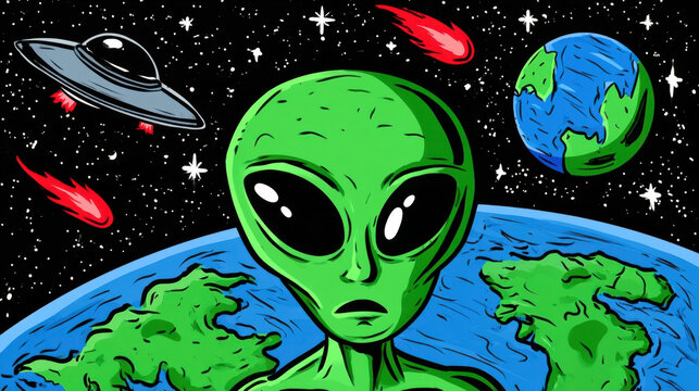 vintage comic book style illustration of green alien head with spaceship and planet earth in space