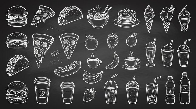 Hand Drawn Food and Drink Doodle Set on Black Background, White Outline Icons of Pizza, Burger, Sandwich, Coffee, Ice Cream, Cake, Fruit and Fast Food