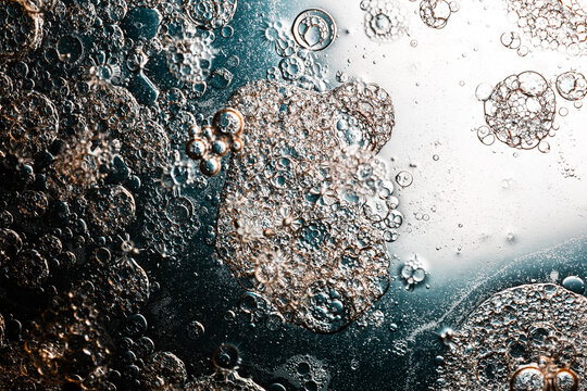 Abstract oil and water bubbles forming a microscopic liquid texture