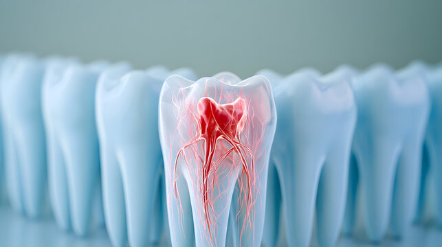 Close-up row of molars with one tooth showing an inflamed red pulp and branching nerves, highlighting dental pain and internal tooth anatomy