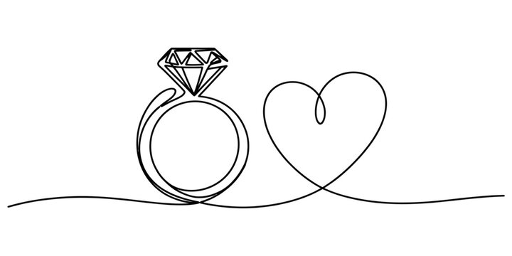 Continuous single line drawing of a diamond engagement ring and a heart shape isolated on a plain white background for design Vector, illustration
