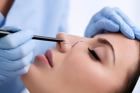 Plastic surgeon performs preoperative nose marking on a female patient to plan aesthetic beauty enhancement and septum correction. The surgeon maps the female nasal structure during the beauty consult