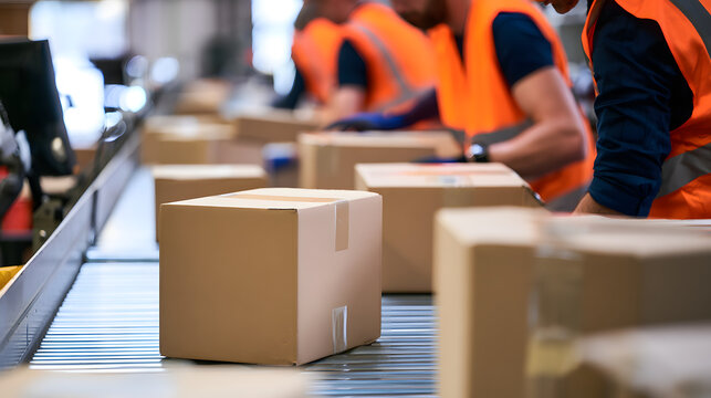 Point-of-view footage on a conveyor line in a logistics center shows employees sorting and loading parcels, packages, and cardboard boxes in a postal office or retail warehouse facility