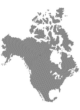 Vector map of North America and Central America with national borders on a white background, without political division between countries, infographic, halftone dotted style