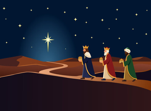 The arrival of the Three Wise Men at the manger where Jesus of Nazareth was born, on January 6th, although his birth was on December 24th. The Wise Men bring gifts to the Christ Child.