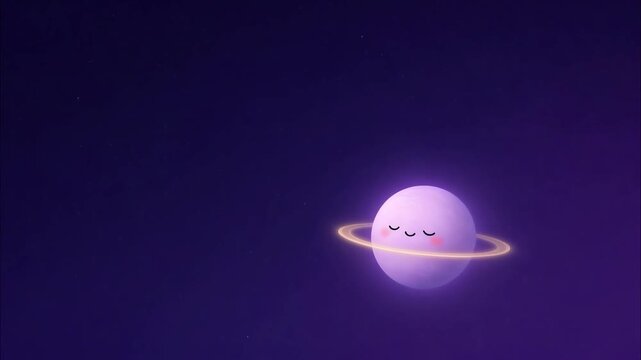 Cute cartoon purple planet with glowing ring floating and smiling gently against dark cosmic space background