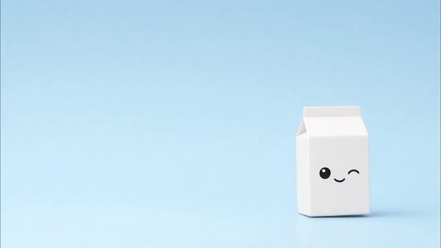 Miniature milk carton toy jumping, bouncing and smiling happily with animated cute eyes over clean cyan surface