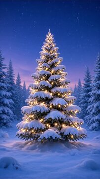 Snow covered spruce glowing with warm garland lights, standing amidst winter woodland during serene dusk snowfall