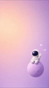 Cute little astronaut sitting on a pastel moon and waving hand in magical space background with shimmering stars